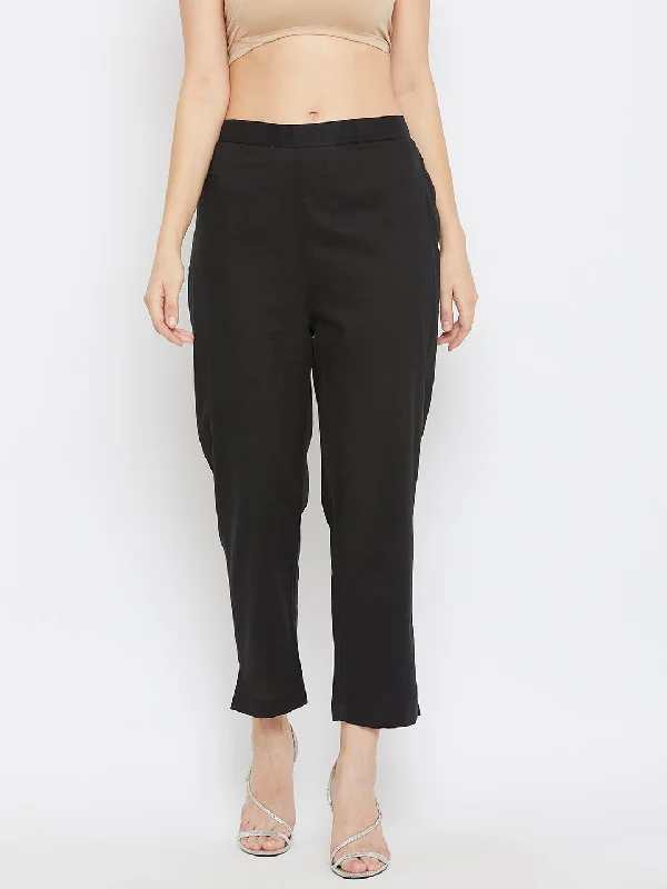 Women Black Regular Fit Solid Pants Relaxed Lounge Trousers