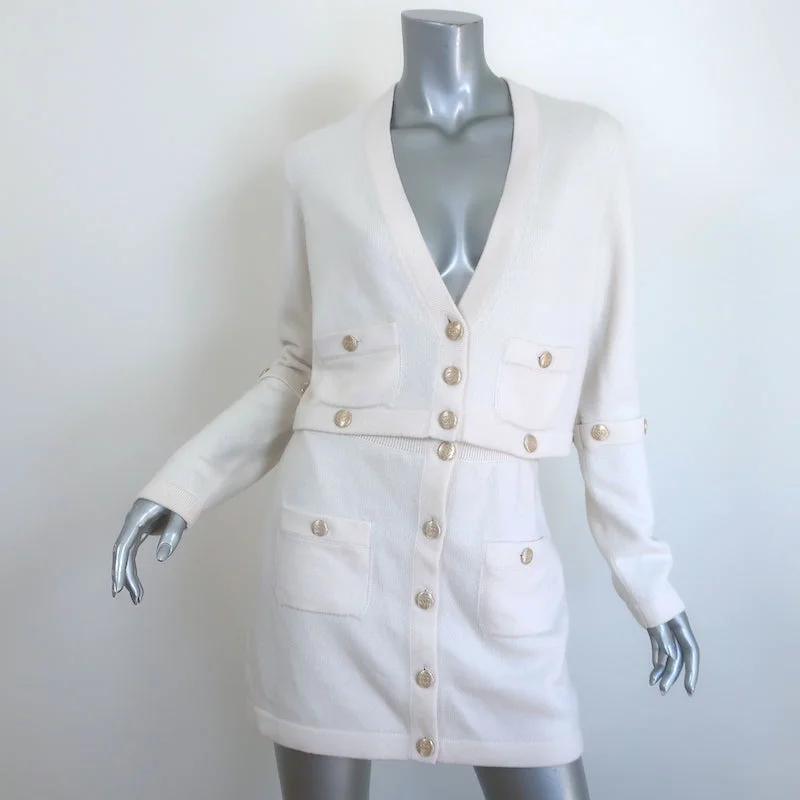 Chanel 22B Cashmere Convertible Mini Dress Cream Size 36 Cardigan & Skirt Set Embroidered Appliqued Beaded