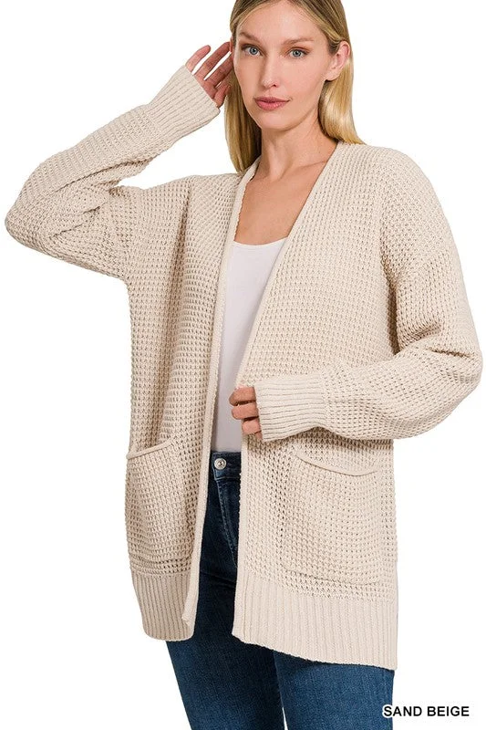 Find Your Roots Sand Beige Waffle Knit Pocket Cardigan Front Pockets Side Pockets Patch Pockets