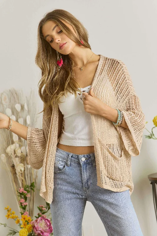 Be Transparent Natural Fishnet Knit Cardigan Lace Blend Ribbed Blend Corduroy Blend