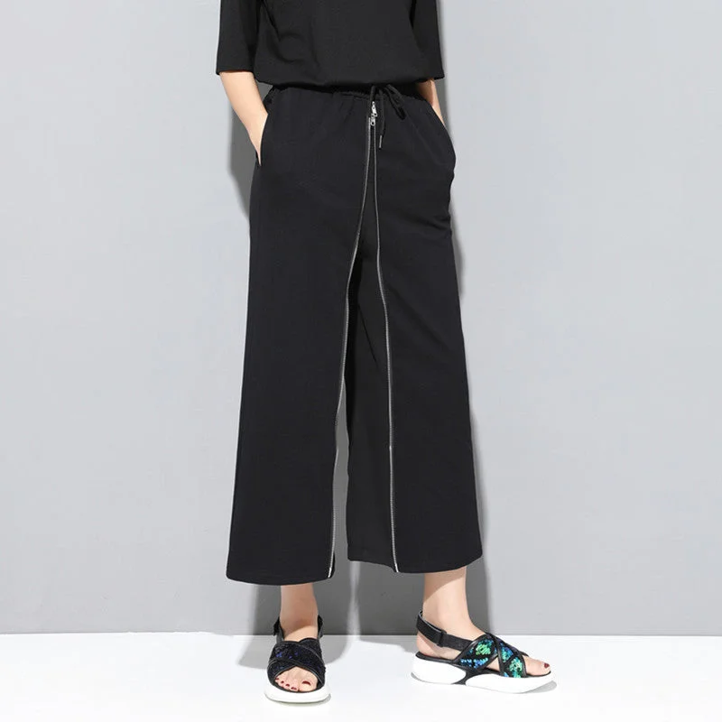 Black Zippered Wide-leg Ninth Pants Elegant Palazzo Trousers