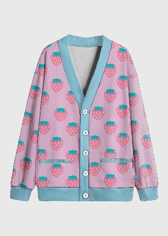 Plus Size Pink Strawberry Kawaii Fleece Cardigan Neon metallic Matte