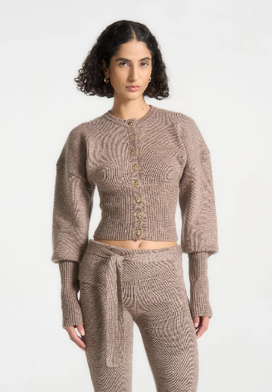 Knitted Cinch Waist Cardigan - Taupe Oversized Loose Flowy