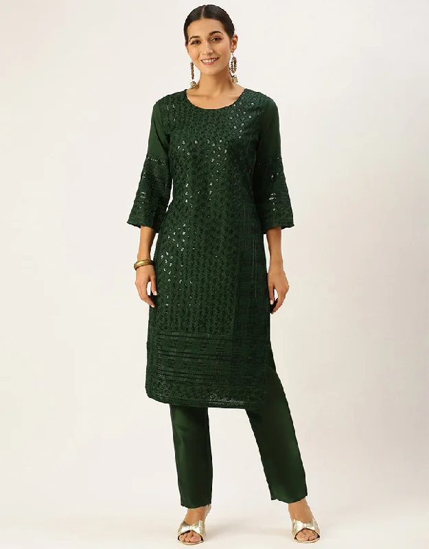 Elegant Rangoon Green Chinon Silk Sequinned Kurta With Trousers Straight Design Pant High Waist Slim Fit Ankle Length