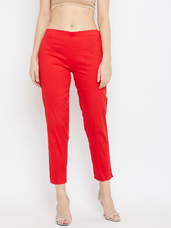 Women Red Regular Fit Solid Pants Cozy Lounge Pants