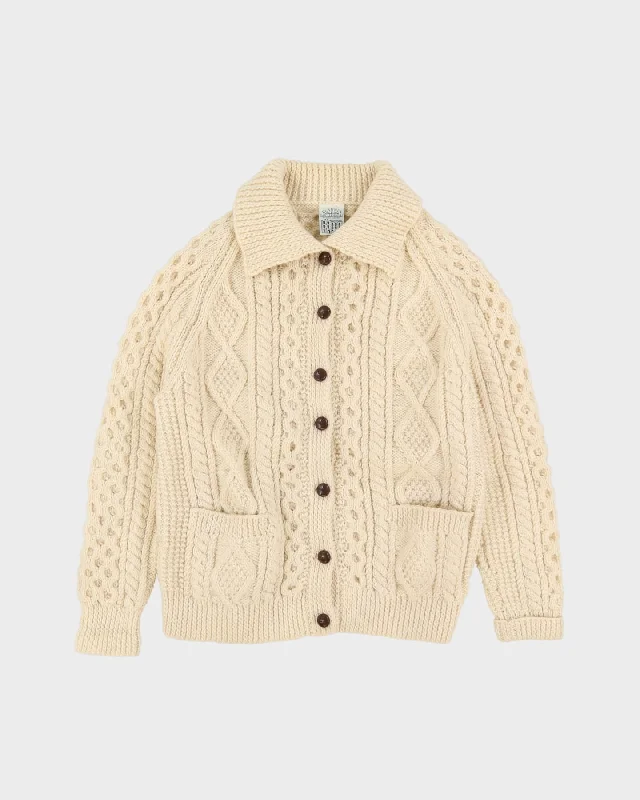 Irish Aran Knitted Cream Wool Cardigan - M Patchwork Embroidered Appliqued