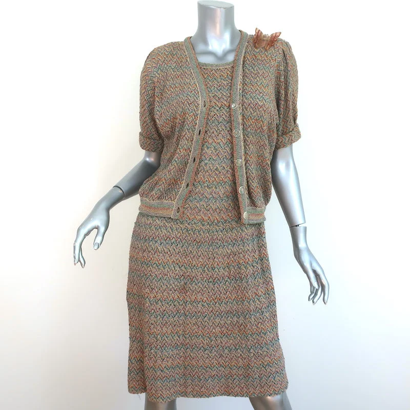 Vintage Missoni Dress with Matching Cardigan Multicolor Chevron Knit Size Small Transparent Opaque Sheer