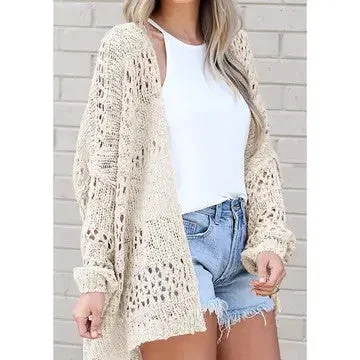 Desert Sands Beige Hollow Knit Open Sweater Cardigan Hooded Caped Shawl Collar