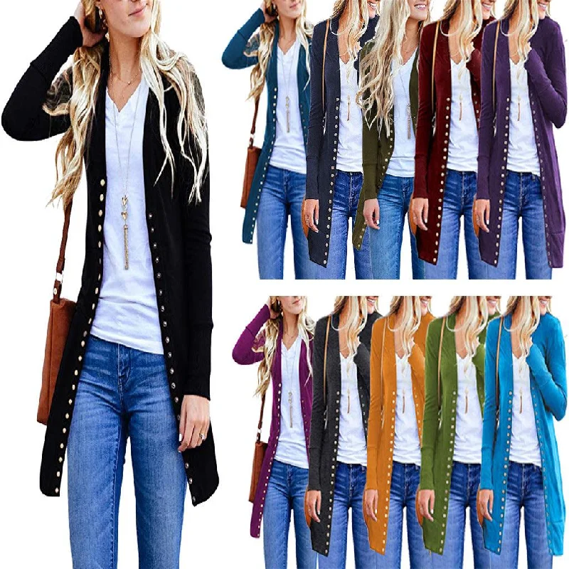 Autumn new Amazon hot Europe and the United States large size ladies fashion medium long button solid color cardigan jacket Mesh Fabric Canvas Fabric Denim Fabric