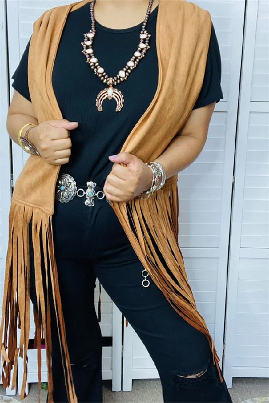 BQ13618 Tan suede fringe tassel vest/cardigan Soft Cozy Warm