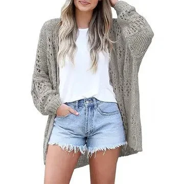 Desert Sands Grey Hollow Knit Open Sweater Cardigan Collared Crew Neck Turtle Neck