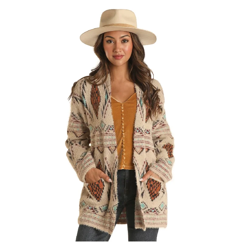 Rock & Roll Cowgirl® Ladies Cream Aztec Print Cardigan 46-2385 Nylon Fabric Polyester Fabric Spandex Fabric