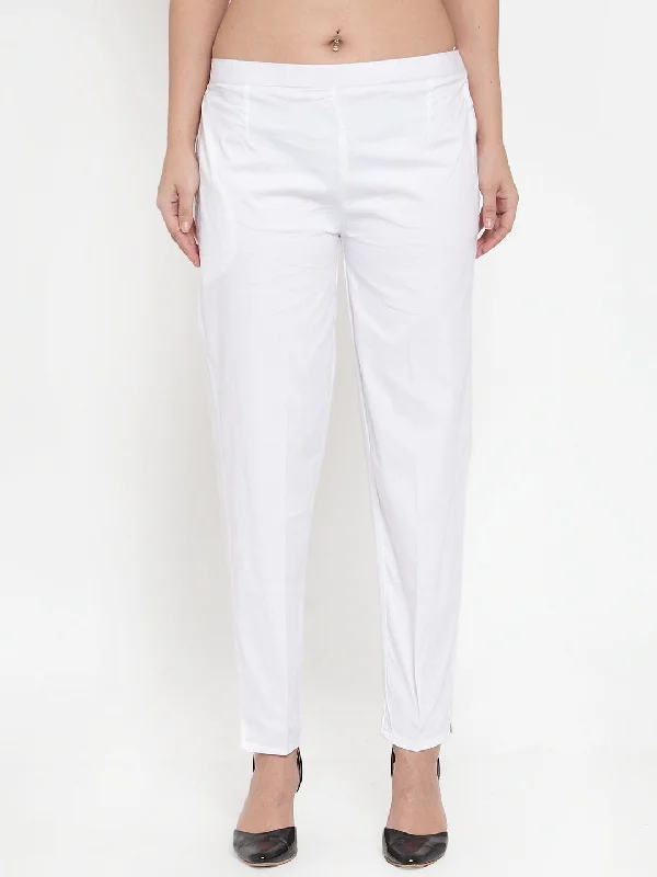 Women White Regular Fit Solid Pants Trendy High-Waist Trousers