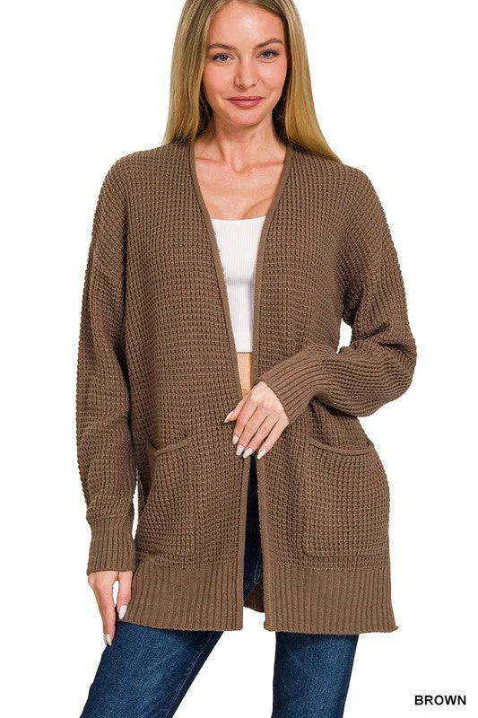 Find Your Roots Brown Waffle Knit Pocket Cardigan Faux Fur Fabric Real Fur Fabric Shearling Fabric