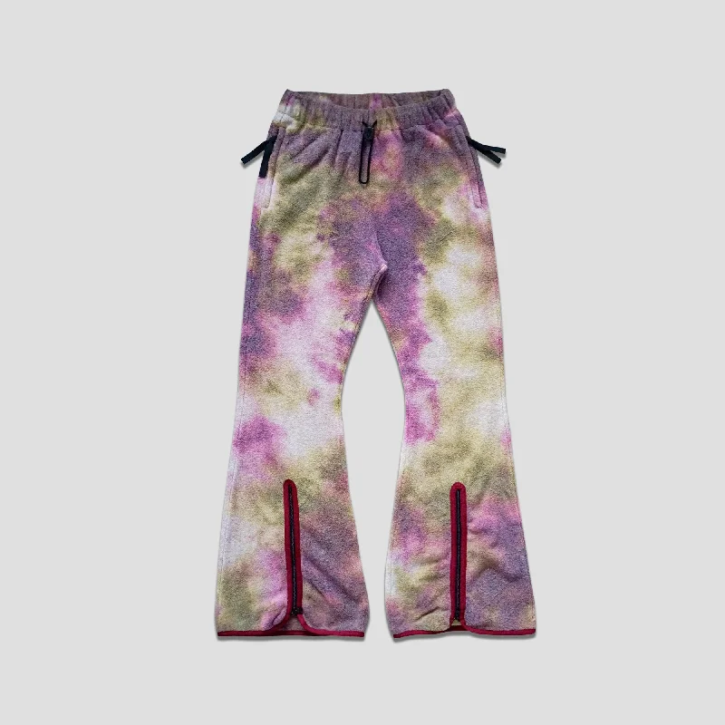 REVERSIBLE FLEECE TIE DYE FLARE PANTS - PURPLE/OLIVE Wide-Legged Palazzos