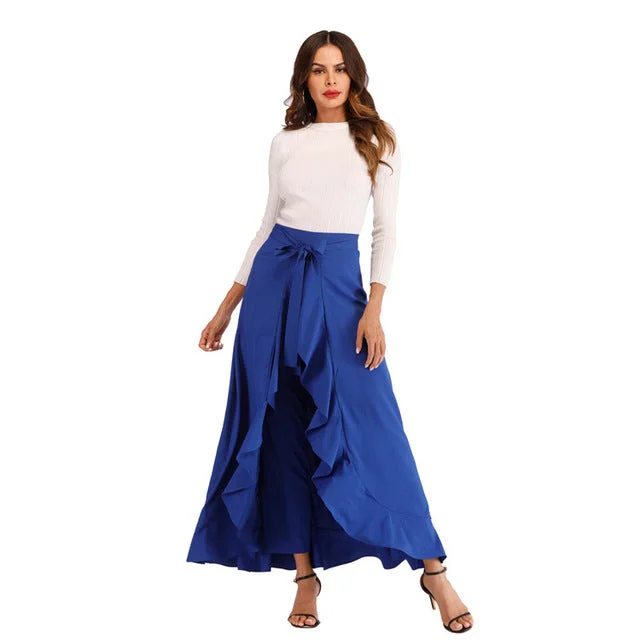 Women Palazzo Pants Causal Ruffle Drawstring Trouser Women Elegant High Waist Irregular Loose Dancing Beach Female Pant Skirt Trousers sophisticated sleek