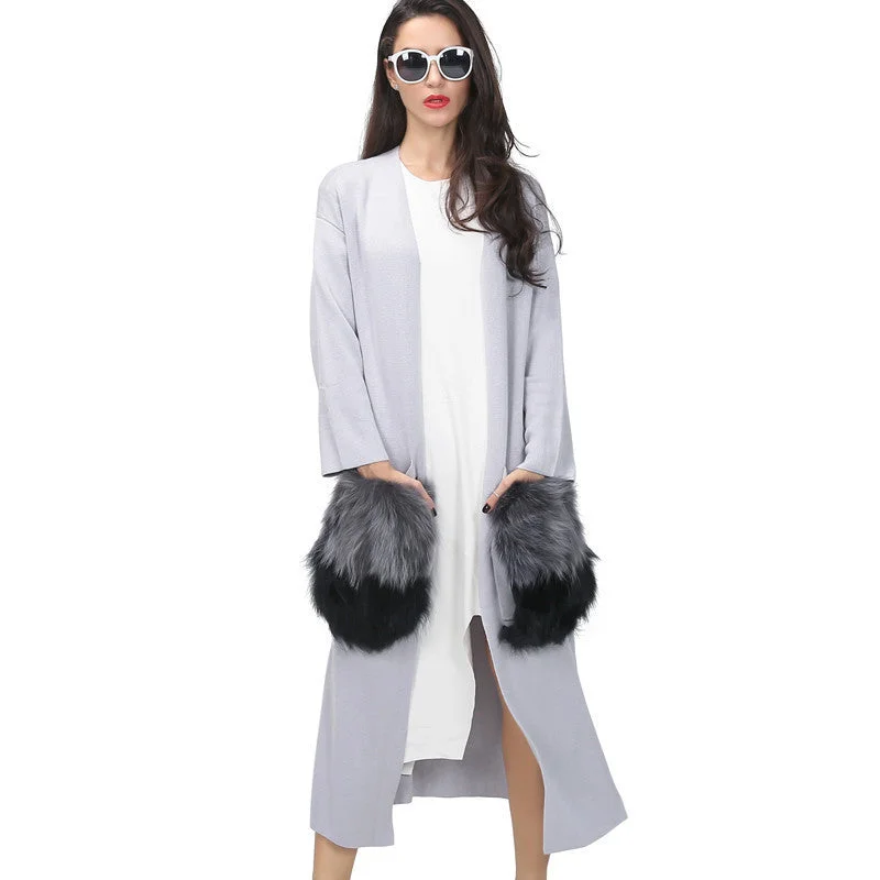 Long cardigan trench coat for women knitwear natural fur big pocket attachable autumn streetwear windbreaker Notch Collar Peter Pan Collar Cowl Neck