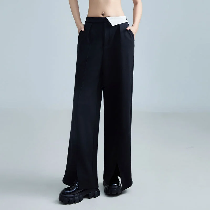 Elastic Waist Slit Wide Leg Casual Pants Classic Straight-Leg Pants