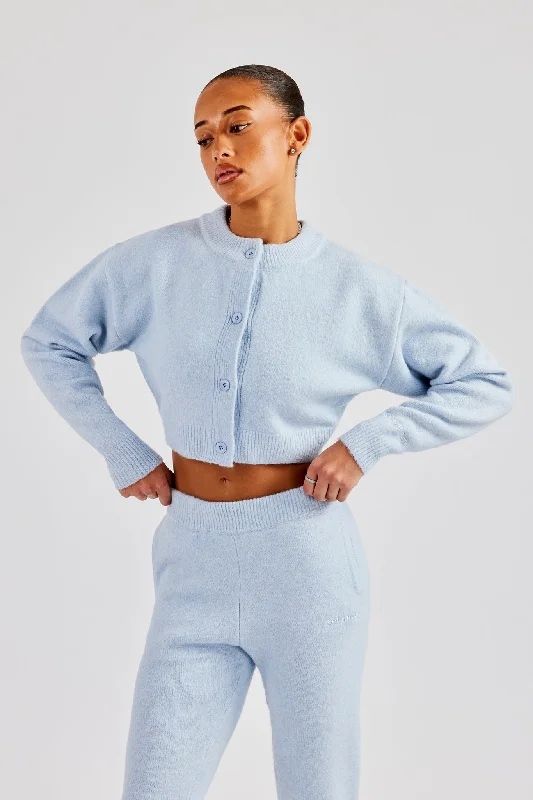 Knitted Cropped Cardigan - Baby Blue Houndstooth Herringbone Solid