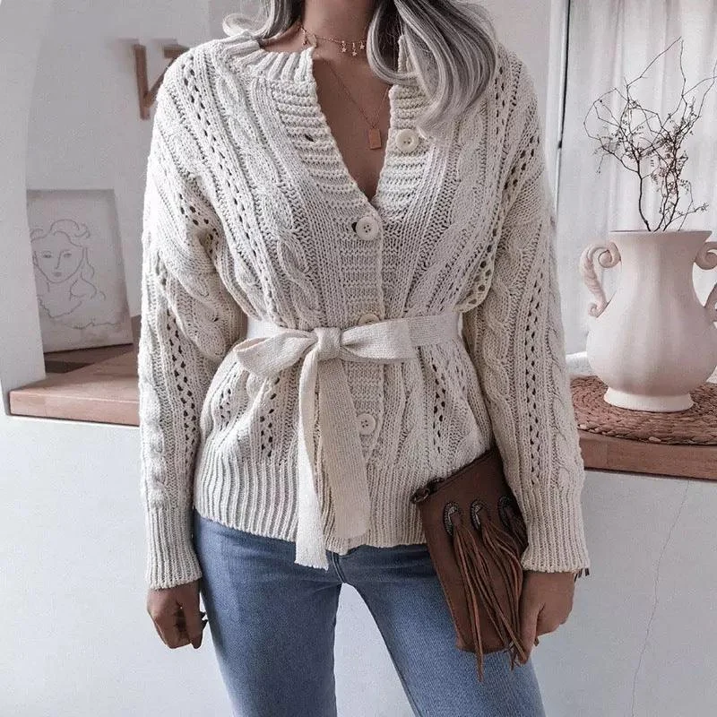 South Korea Dongmen Sweater Female Case 2021 Autumn and Winter New Women's Korean version of the twist buckle waist knit cardigan Mesh Cardigan Canvas Denim