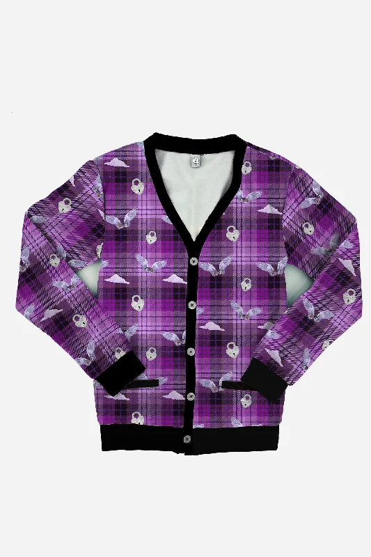 Plus Size Purple Plaid Weirdcore Cardigan Spandex Blend Rayon Blend Denim Blend