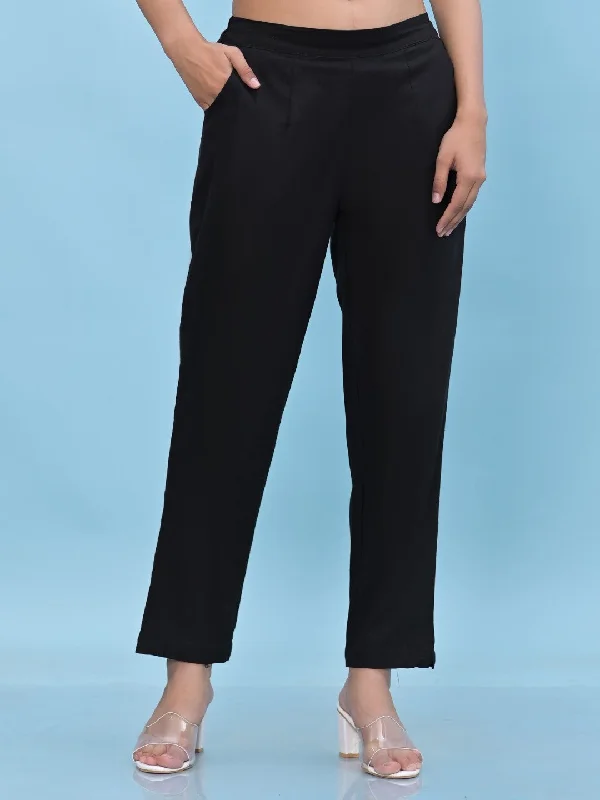 Women Black Solid Cotton Pants With Partially Elasticated Waistband And Two Side Pockets Trendy Palazzo Pants