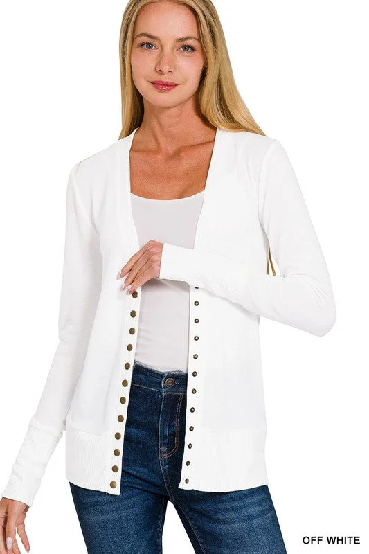 Oh Snap Off White Ribbed Snap Closure Cardigan-LS Jersey Fabric Tulle Fabric Batik Fabric