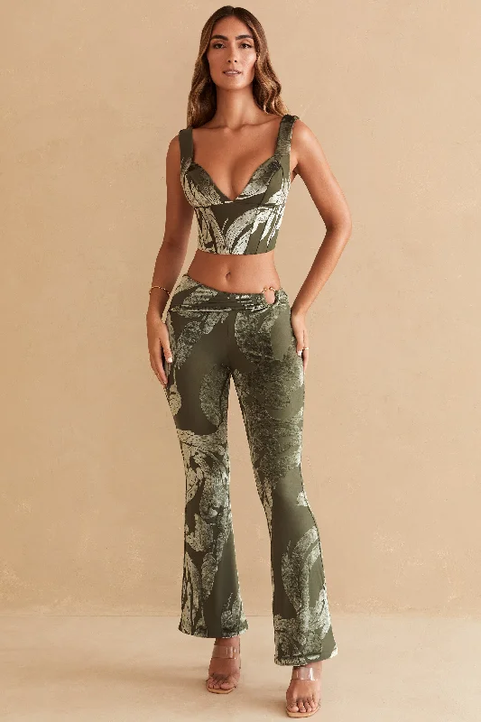 Ring Detail Bootleg Trousers in Olive Print Trousers Print Floral