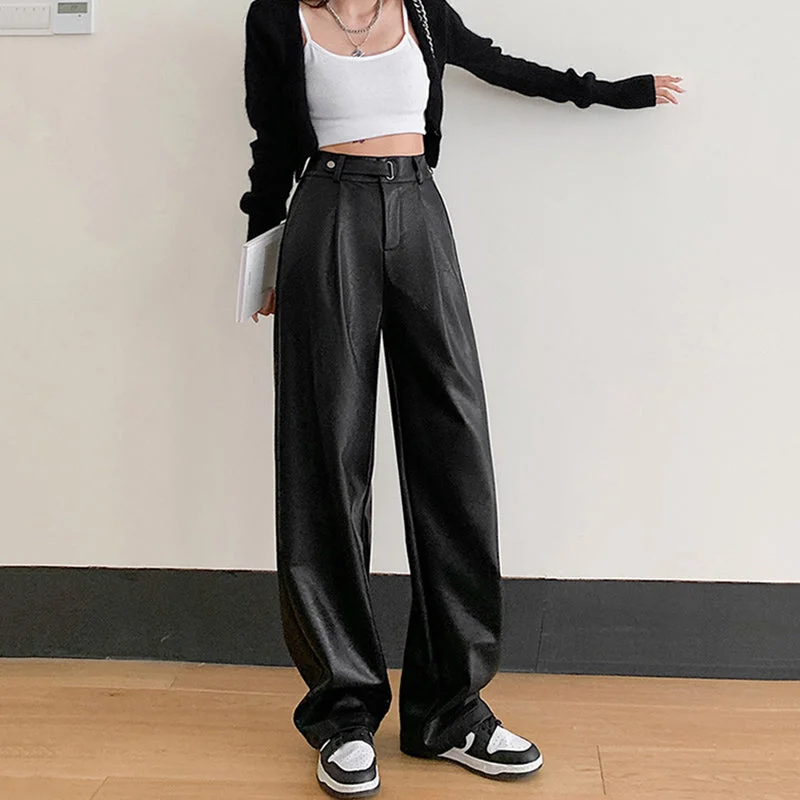 Autumn and Winter Retro PU Leather Wide-leg Pants Relaxed Linen Pants