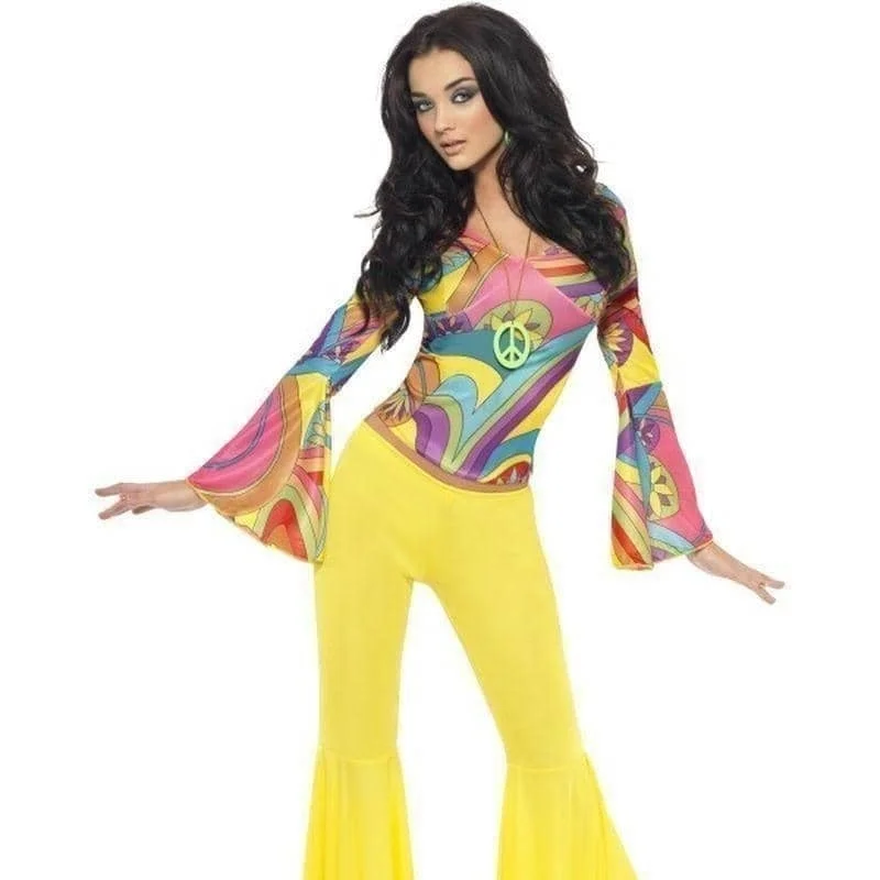 70s Groovy Babe Costume Adult Yellow Flared Trousers Multi Coloured Top Trousers luxurious high-end