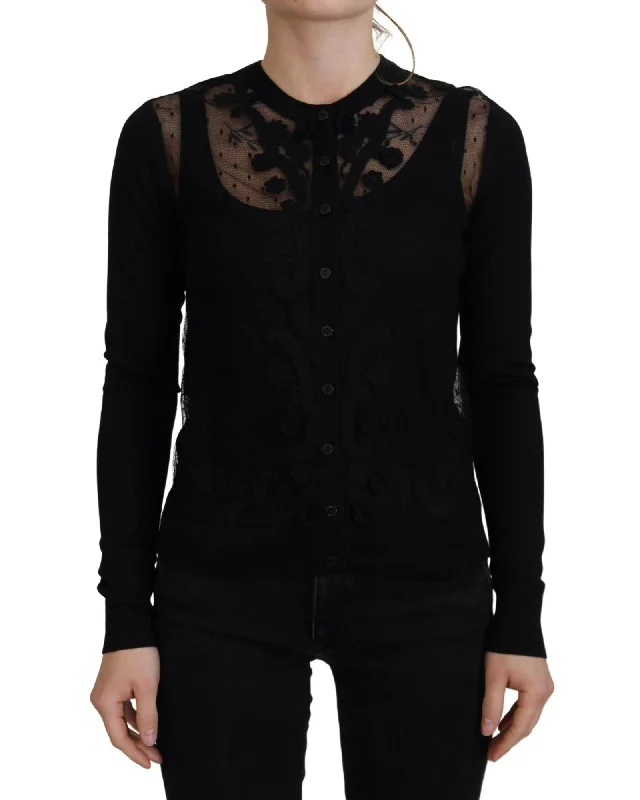 Dolce & Gabbana  Women's Black Lace Trim Cardigan Handmade Hand-knitted Hand-woven