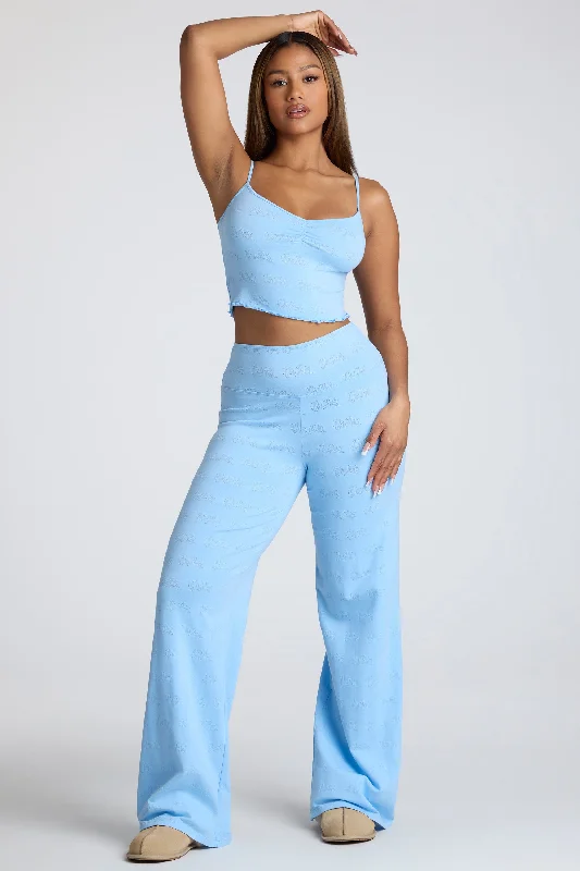 Petite Mid Rise Straight Leg Pointelle Trousers in Baby Blue Trousers Satin Smooth