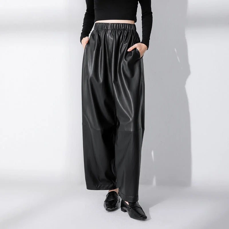 Simple Black Matte Loose Spliced PU Leather Casual Pants Comfortable Jogging Pants