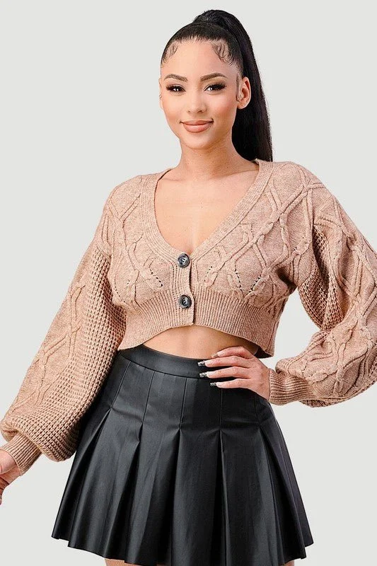 Taupe Cable Knit Cropped Cardigan Sweater Chenille Brocade Lace