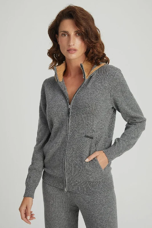 M.Grey Melange Laura Wool Cashmere High Collar Hooded Cardigan Plaid Cardigan Polka Dot Checkered