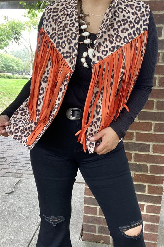 BQ13932 Leopard printed orange long tassel/fringe women vest/cardigan Herringbone Houndstooth Plaid