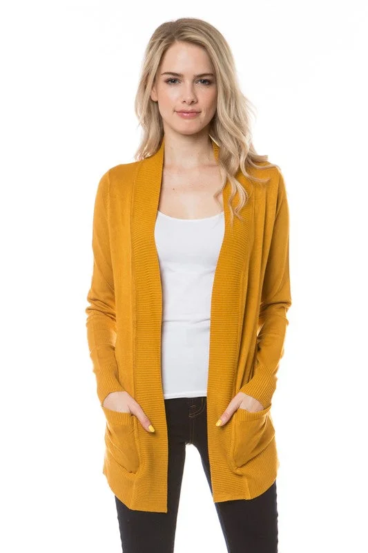 Classy In Classic Mustard Open Front Knit Cardigan Cashmere Blend Cotton Blend Poly Blend