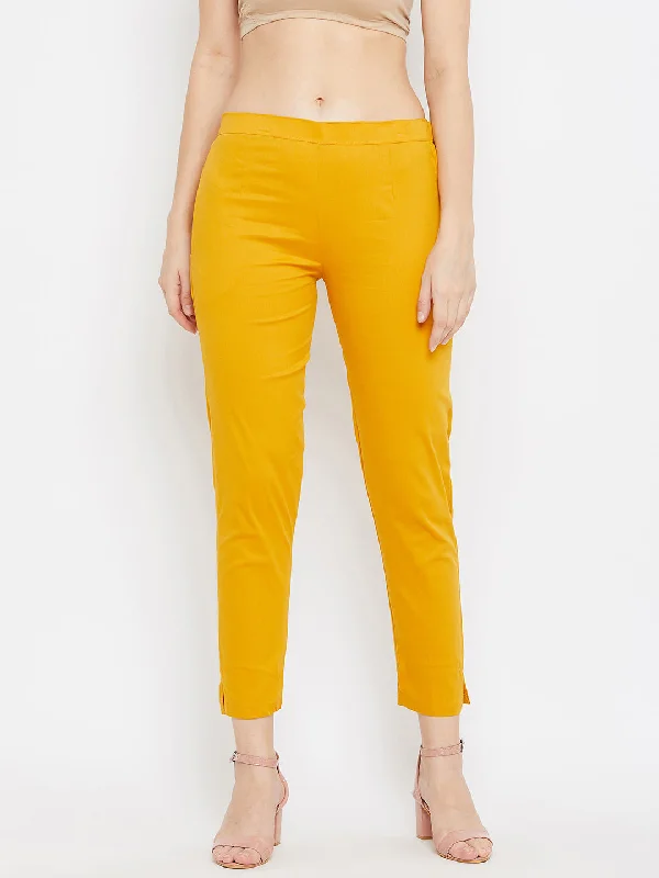 Women Mustard Regular Fit Solid Pants Stretch Fit Pants