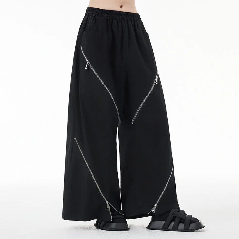 Zip Casual Straight Wide Leg Pants Chic Checkered Pants