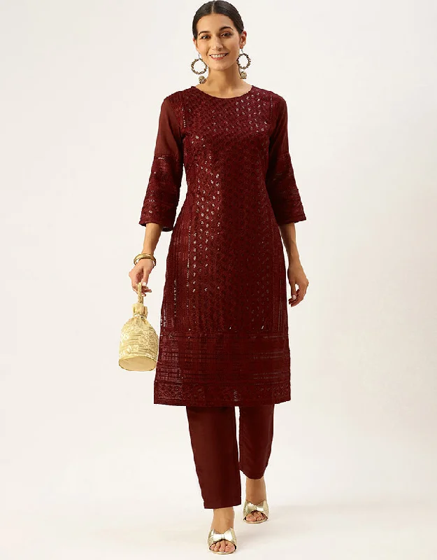 Sleek Rustic Red Chinon Silk Sequinned Kurta With Trousers Straight Design Pant Cropped Trousers Casual Linen