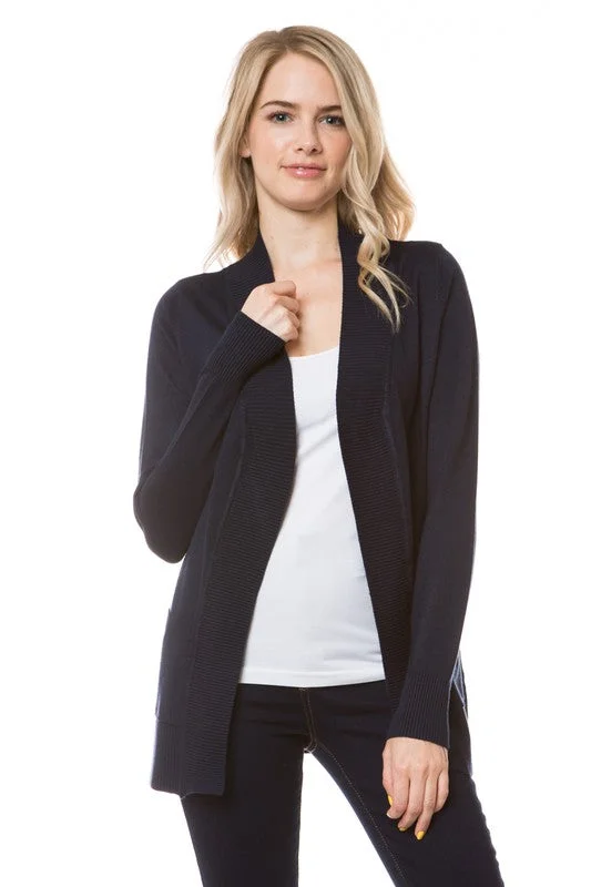 Classy In Classic Navy Open Front Knit Cardigan Satin Blend Silk Blend Wool Blend