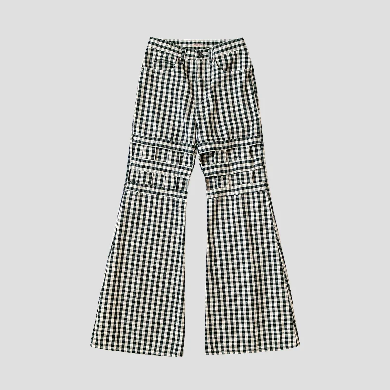 CANVAS GINGHAM CHECK 5P WINDOWPANE FLARE PANTS LADIES Comfortable Denim Pants