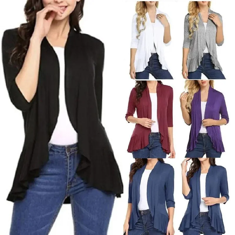 Women's Cardigan Spring Summer Autumn Clothing Solid Color Slim Top Ruffle Hem Three Quarter Sleeve Thin Simple Coat Zippered Buttoned Snapped