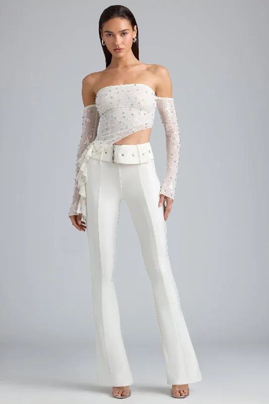 Petite Metallic Belted Mid-Rise Flared Trousers in Ivory Cropped Trousers Casual Linen