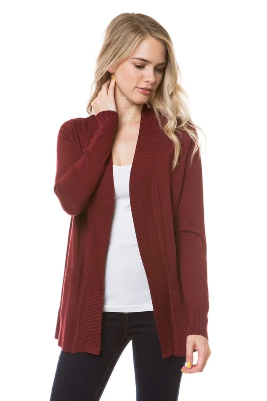 Classy In Classic Burgundy Open Front Knit Cardigan Spandex Blend Rayon Blend Denim Blend