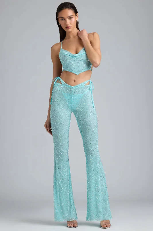 Embellished Cut-Out Flared Trousers in Ice Blue Trousers Custom Made