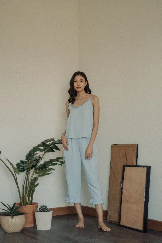 Juliet Ruffle Set Trousers in Sky Blue Chinos Cotton Straight Leg