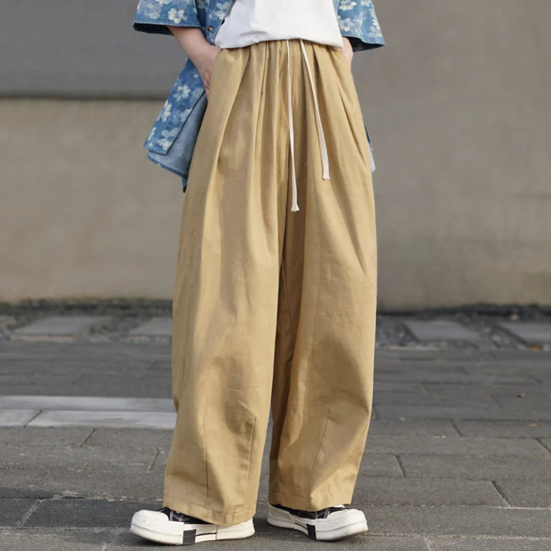 High Waist Drawstring Elasticized Wide-Leg Pants Elegant Wool Trousers