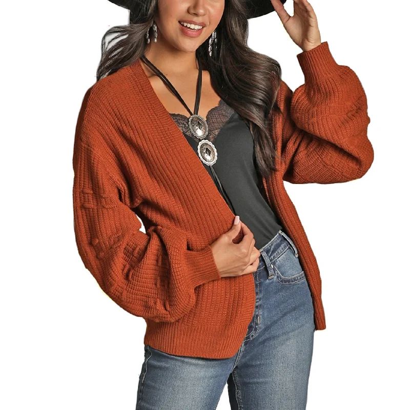 Rock & Roll Cowgirl Ladies Open Front Rust Knit Cardigan 46-1159-90 Hooded Caped Shawl Collar