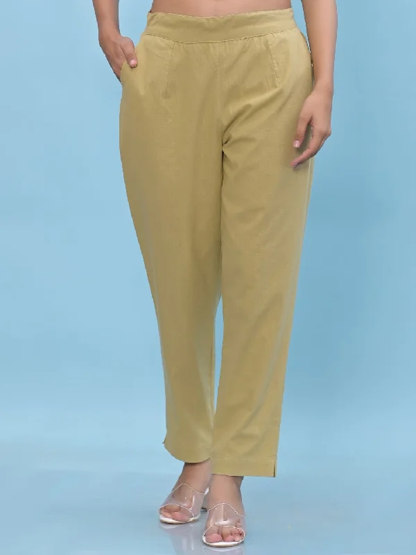 Women Olive Solid Cotton Pants With Partially Elasticated Waistband And Two Side Pockets Trendy Printed Pants